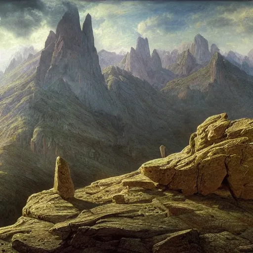 Prompt: a beautiful and highly detailed matte painting of an epic mountain range, ancient runes carved into the cliff face, intricate details, epic scale, insanely complex, 8 k, sharp focus, hyperrealism, very realistic, by caspar friedrich, james gurney, albert bierstadt,