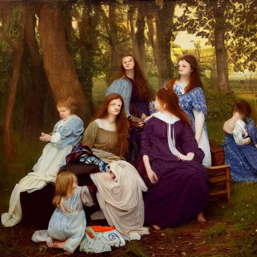 Image similar to painting of a pre - raphaelite family surrounded by clothes, 5 0 mm lens, f 1. 4, sharp focus, ethereal, emotionally evoking, head in focus, volumetric lighting, blur dreamy outdoor,