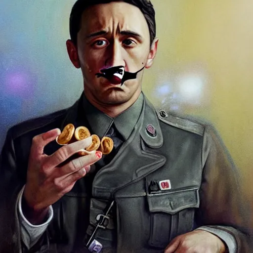 Prompt: hyperrealistic mixed media high resolution painting of James Franco disguised as Adolf Hitler eating a bagel, stunning 3d render inspired art by István Sándorfi and Greg Rutkowski and Unreal Engine, perfect facial symmetry, dim volumetric lighting, 8k octane beautifully detailed render, full body shot, post-processing, extremely hyper-detailed, intricate, epic composition, highly detailed attributes, highly detailed atmosphere, cinematic lighting, masterpiece, trending on artstation, very very detailed, masterpiece, stunning, flawless structure, lifelike texture, perfection,