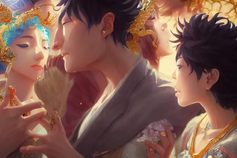 Image similar to close up moment of a divine a japan sun god and a moon goddess lovers magician at a wedding banquet, highly detailed, d & d, fantasy, 4 k realistic, digital painting, trending on artstation, concept art, sharp focus, illustration, art by makoto shinkai and akihiko yoshida and daniel gerhartz