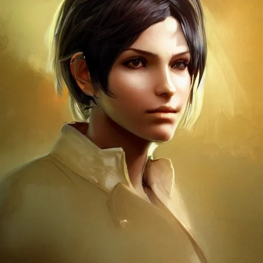 Image similar to a head and shoulders portrait of a young girl with green eyes and short black hair in a tan trenchcoat, from Final Fantasy XIII, retro, smooth, sharp focus, intricate, artstation, hyper realistic, detailed concept art by Rutkowski and Mucha and sky sewa and Marc Simonetti