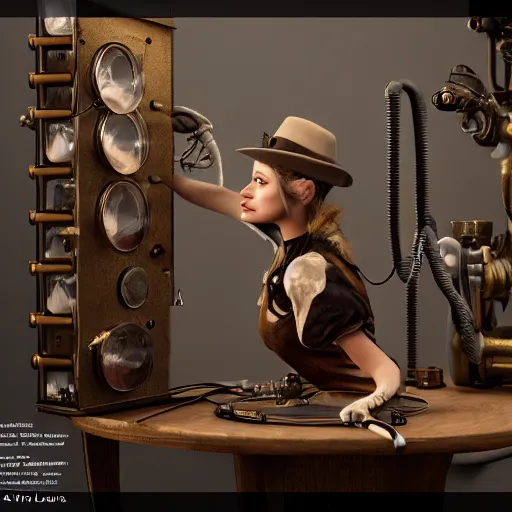 Image similar to 3D photorealistic render of a steampunk taxidermist, connected trough wired, on a advanced lab, octane render, 4k, unreal 5, very detailed, trending on artstation