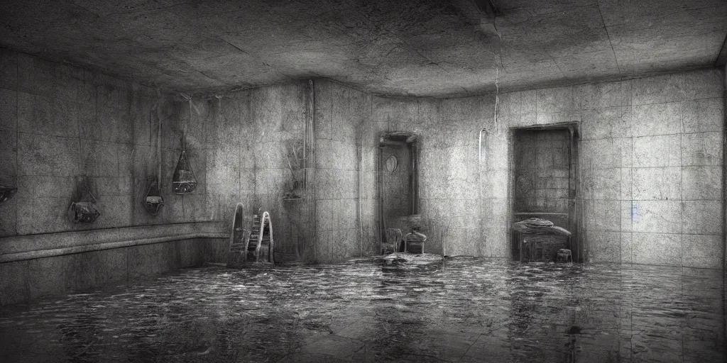 Image similar to echo chamber room, dark art fantasy, 3d render, super detailed, puddle of water, barrels, foggy