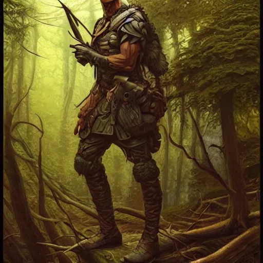 Image similar to male soldier in the forest, by gerald brom!!!, D&D, fantasy, intricate, elegant, highly detailed, digital painting, artstation, concept art, matte, sharp focus, illustration