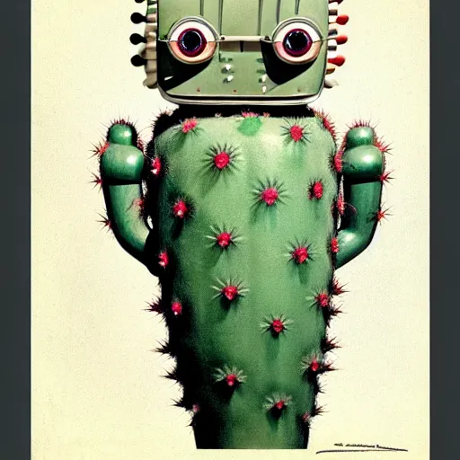 Image similar to medium shot 1950s retro cactus robot, Bionic Arms and eyes. muted colours. by Jean-Baptiste Monge