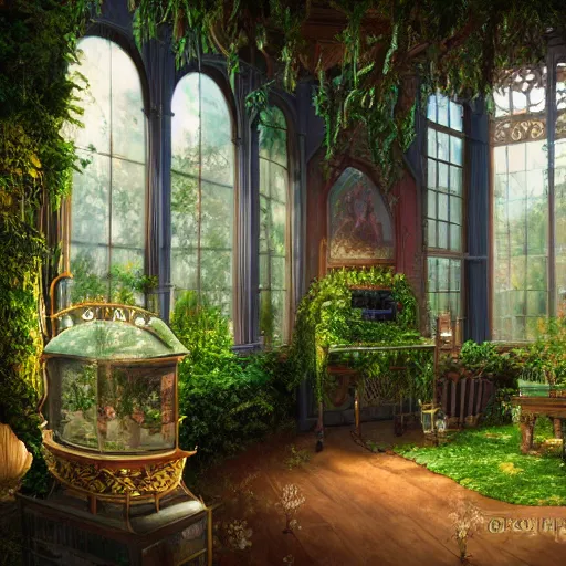 Prompt: a musical bedroom victorian greenhouse. The greenhouse is built into a giant oak tree, ornate, beautiful, atmosphere, vibe, flowers, concept art illustration, Greg rutowski, volumetric lighting,