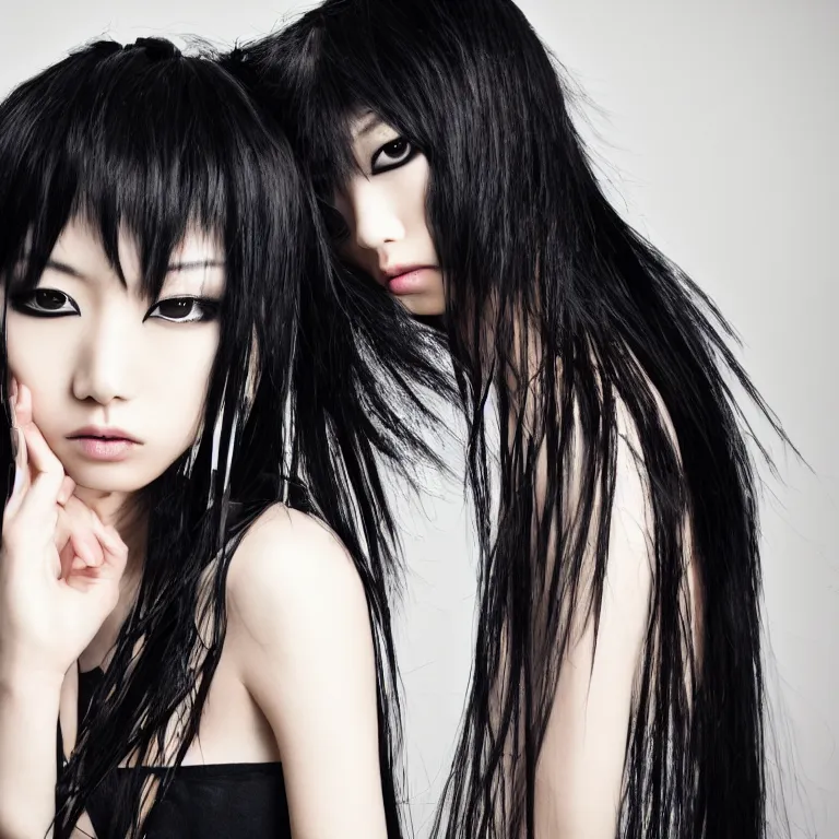 Image similar to professional photograph of female japanese models in emo makeup, long hair, fringe