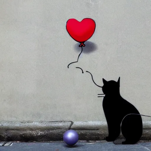 Image similar to a cat trying to catch a balloon on concrete, by banksy