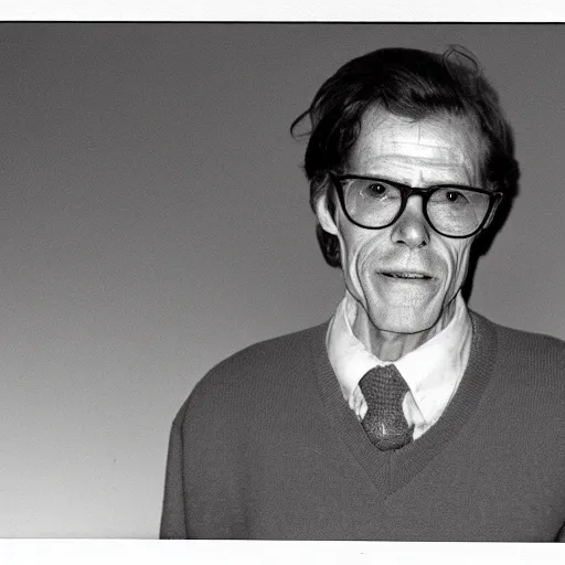 Prompt: 1970s of Mugshot Portrait of a very old and decrepit Willem Dafoe with glasses and no beard, with very short hair and a receding hairline, dressed in 1970s menswear, taken in the 1970s, photo taken on a 1970s polaroid camera, grainy, real life, hyperrealistic, ultra realistic, realistic, highly detailed, epic, HD quality, 8k resolution, body and headshot, film still, front facing, front view, headshot and bodyshot, detailed face, very detailed face