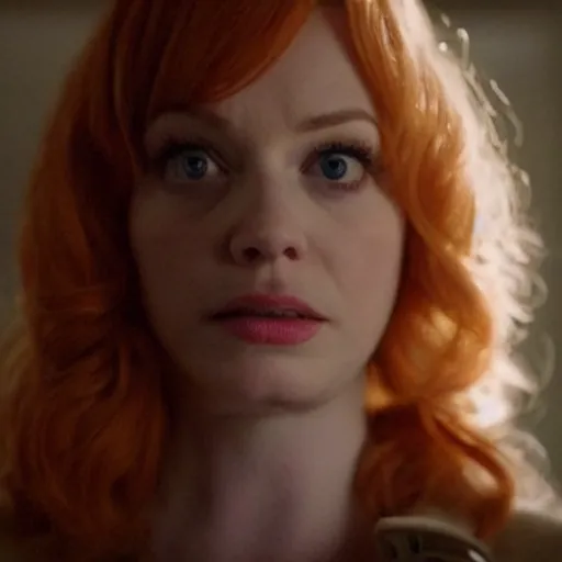 Image similar to amazing beautiful Christina Hendricks with an amazed look on her face in the living room, film still from the movie directed by Denis Villeneuve , wide lens