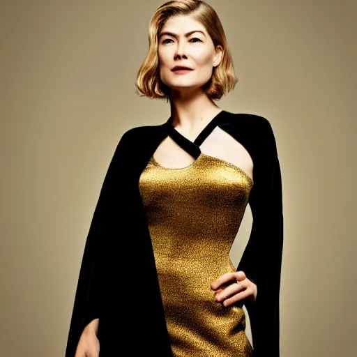 Image similar to rosamund pike wearing black robe and golden necklace cinematic photoshoot high quality highly affordable photo realistic 8 k hd