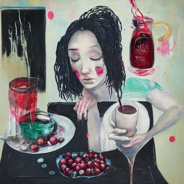 Image similar to “ sensual, a portrait in a female art student ’ s apartment, pancakes, woman drinking an iced latte from a painting, berries, art supplies, a candle dripping white wax, berry juice drips, neo - expressionism, surrealism, acrylic and spray paint and oilstick on canvas ”