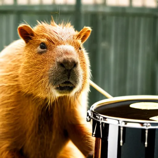 Prompt: high resolution photo of a capybara playing a jazz drum set