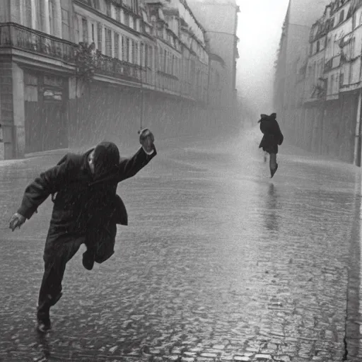 Image similar to the man leaping in a raining paris street, by henri cartier bresson,