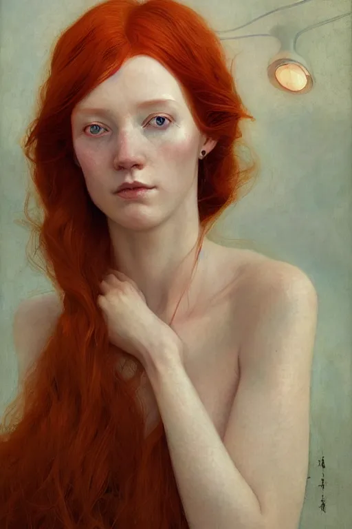 Image similar to of beautiful redhead female, beauty portrait by greg rutkowski, hilma af klint, moebius, victo ngai, sharp focus, global illumination, highly detailed, masterpiece, award winning, post processing