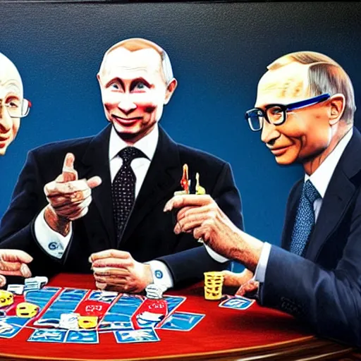 Prompt: UHD photorealistic Bill Gates playing poker with Klaus Schwab and Vladimir Putin, hyperrealistic, correct details, cosmic dynamic lighting, symmetrical faces, accurate faces, in the style of art nouveau