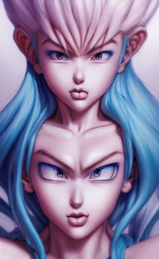 Image similar to gorgeous!! hyper - realistic giant woman resembling bulma + felicia from darkstalkers | drawn by artgerm, drawn by wlop, drawn by jeehyung lee | intricate, high detail, ultra graphics, photorealistic, symmetrical, cinematic, smooth, sharp focus, character design, expressive, cute, beautiful!! instagram model