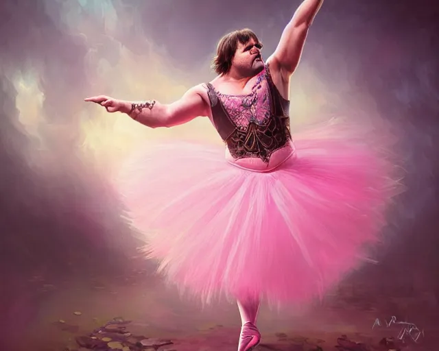 Image similar to photography of jack black dancing in a pink ballerina outfit, full body shot, deep focus, d & d and mtg, fantasy, intricate, elegant, highly detailed, digital painting, artstation, concept art, matte, sharp focus, illustration, hearthstone, art by artgerm and greg rutkowski and alphonse mucha