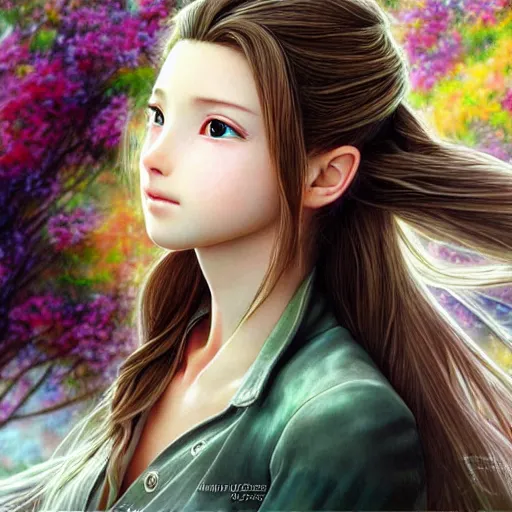 Image similar to aerith gainsborough, ultra detailed painting at 1 6 k resolution and epic visuals. epically beautiful image. amazing effect, image looks crazily crisp as far as it's visual fidelity goes, absolutely outstanding. vivid clarity. ultra. iridescent. mind - breaking. mega - beautiful pencil shadowing. beautiful face. ultra high definition, range murata and artgerm