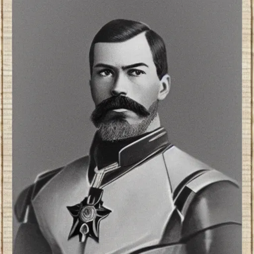 Image similar to tsar nicholas ii as iron man, historical photograph, highly detailed, full length portrait, photorealistic face, hd