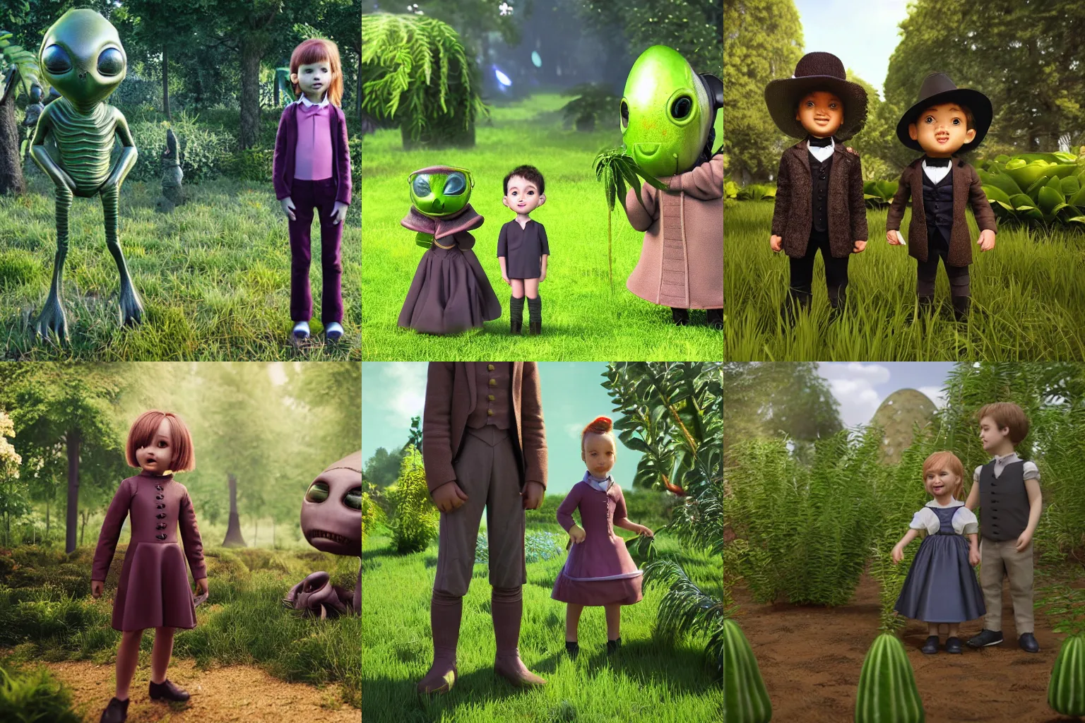 Prompt: a girl and a boy standing next to some alien plants, a small cute alien creature is standing next to them, in a park on a alien planet, looking happy, wearing victorian clothes, ultra realistic facial details, enhanced faces, ultra photorealistic raytracing, 8k