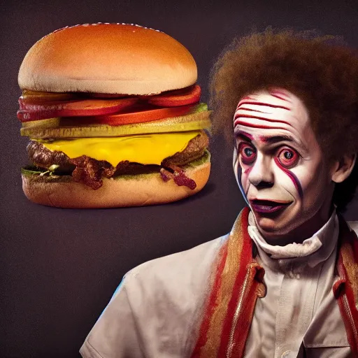 Prompt: portrait photography of Malcolm Gladwell in clown makeup eating a giant hamburger, extra ketchup and mustard with overflowing bacon lettuce and tomato, cinematic lighting, highly detailed, feminine ethereal, D&D, hearthstone, digital painting, artstation, concept art, smooth, sharp focus, illustration, art by Terry Moore and Greg Rutkowski and Alphonse Mucha