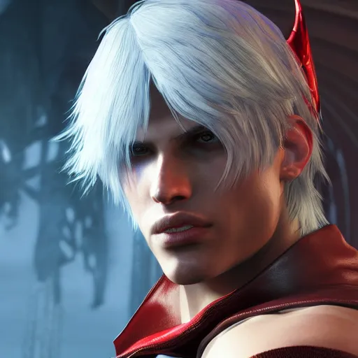 Image similar to dante from devil may cry, unreal engine, highly detailed face, sharp focus, depth of field, ambient lighting, ray tracing, 4k, hdr, artstation trending,