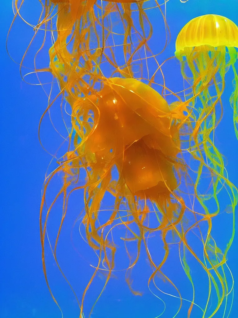 Prompt: Pacific sea nettle jellyfish made of glass, dark underwater, bubbles, vibrant colors, depth of field, glow, hyper realism, high detail, cinematic