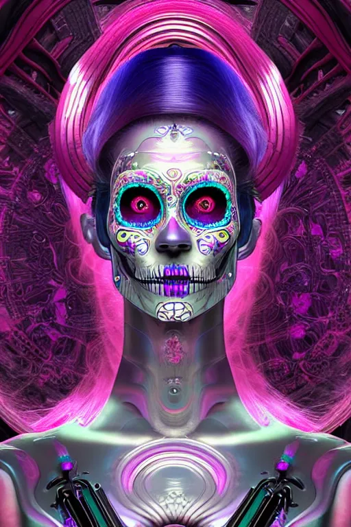 Image similar to ultra detailed female android deity, 8 k, still from a movie!!, flowerpunk, psychedelic vector art!!!, digital painting, sci - fi, fantasy, ( dia de los muertos ), asymmetrical,!! concept art, art by artgerm and giger and michael welan and alphonse mucha and loish and wlop