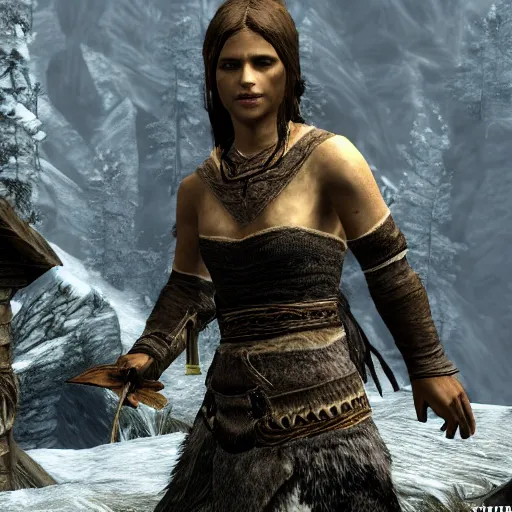 Prompt: Alicia Vikander in the world of Skyrim in Playstation 1 graphics