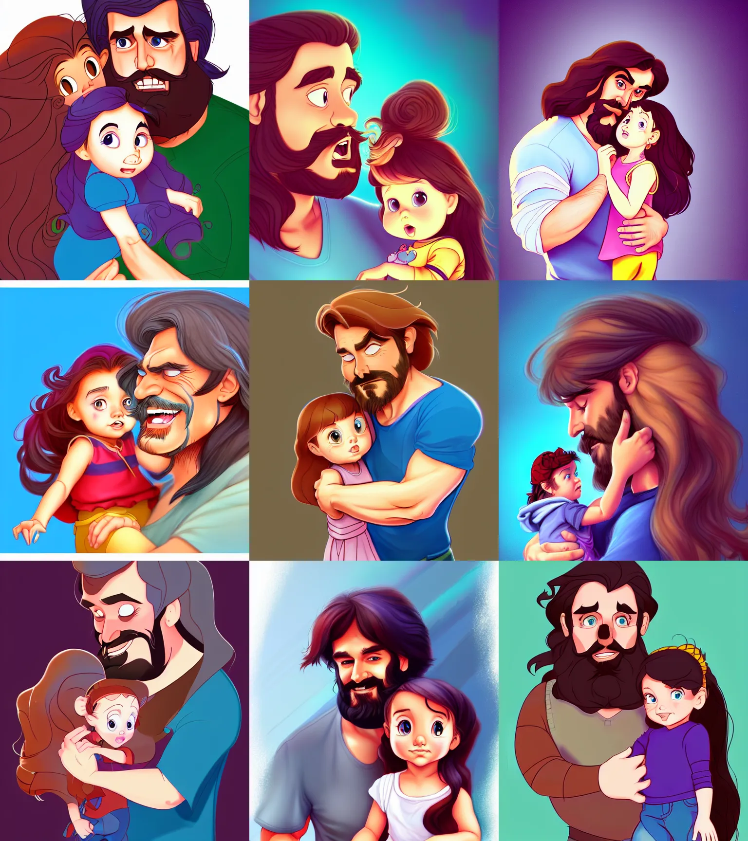 Prompt: a long - haired bearded father and his child toddler girl full color digital illustration in the style of don bluth, artgerm, artstation trending, 4 k