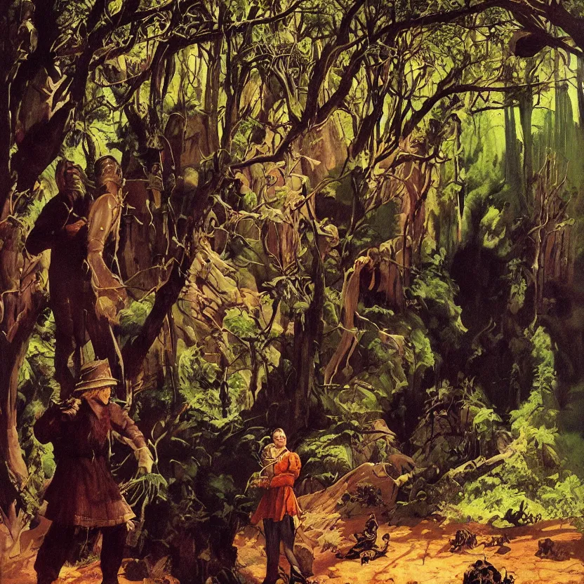 Image similar to a backdrop from the wizard of oz, forest and fields. highly detailed science fiction painting by norman rockwell, frank frazetta, and syd mead. rich colors, high contrast, gloomy atmosphere, dark background. trending on artstation