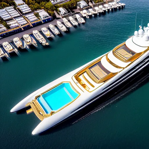 Image similar to gold plated mega yacht with two swimming pools and a helicopter landing pad, docked at harbor, clear and focused, elegant, photograph