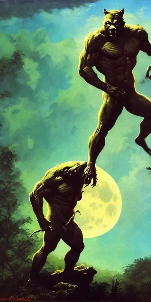 Prompt: by frazetta , close up of realistic werewolf , full body backlight ,top light ,full body portrait ,highly textured oil painting ,jungle ,cyan graveyard with backlight from the moon ,foggy background ,with dramatic sky ,clouds and giant oversized moon and storm