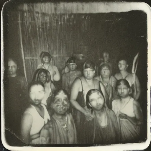 Image similar to a group of people in a witchcraft ritual on an abandoned mad house in the Colombian jungle, mist, 1910 polaroid photography, grainy film, Black and white