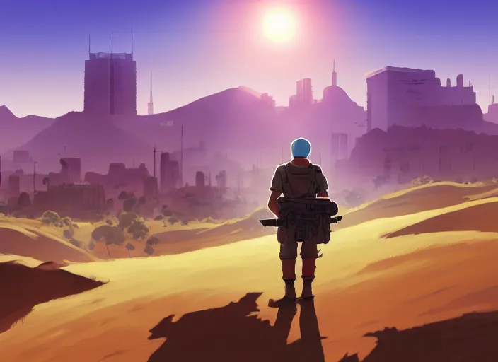 Prompt: cel shading background, science fiction pc game point - and - click adventure, studio ghibli, soldier roaming through desert with city in the skyline, two suns, purple orange colors, sharp focus, illustration, highly detailed, digital painting, concept art, matte, art by wlop and artgerm and greg rutkowski, masterpiece