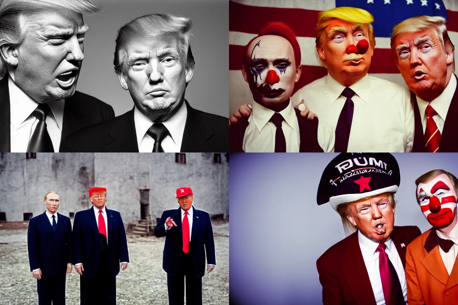 Prompt: color portrait photograph of Donald Trump and Vladmir Putin in clown makeup and wearing Schutzstaffel outfit, off-camera flash, canon 24mm f4 aperture, shallow depth of field, 1/400 shutterspeed, Ektachrome color photograph