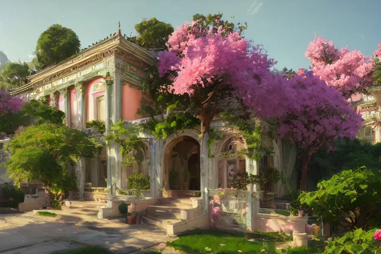 Prompt: green weed grow house, rococo style, greek architecture, pink marble building, marijuana trees, sakura season weed leaves dynamic lighting, landscape, artwork by jeremy lipkin and giuseppe dangelico pino and michael garmash and rob rey and greg manchess and huang guangjian and makoto shinkai, pixiv, 1 0 0 mm