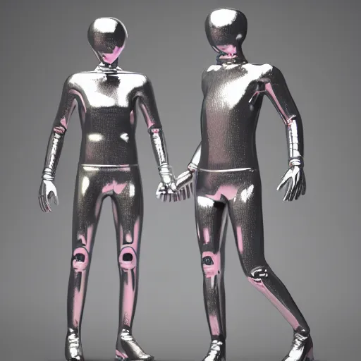 Prompt: smooth metallic cyborgs touching each other, photorealism