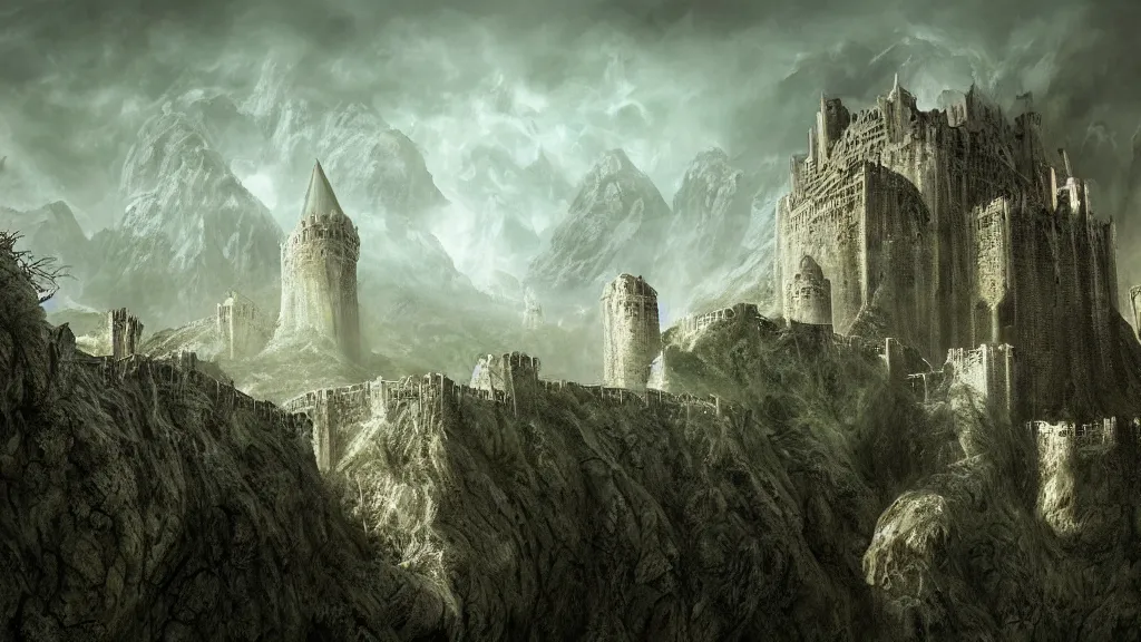 Image similar to ghostly fortress of minas morgul, minas ithil, lit by green magical powers along the fortress walls, by alan lee, michal karcz, smooth details, lord of the rings, game of thrones, smooth, detailed terrain, oil painting, trending artstation, concept art, fantasy matte painting