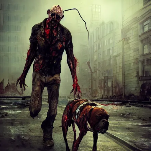 Prompt: dogwalker as angry zombie with a pit bull in a city park, full body portrait, horror core, apocalyptic, sharp focus, fiction, hyper detailed, digital art, trending in artstation, cinematic lighting, studio quality, smooth render, unreal engine 5 rendered, octane rendered, art style and nixeu and wlop and krenz cushart