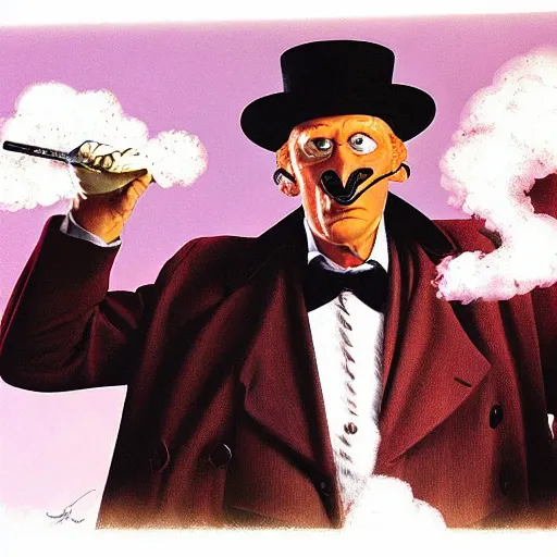 Image similar to uncle pennybags holding a Sherlock pipe, melting smoke clouds, drawing by Alex Ross