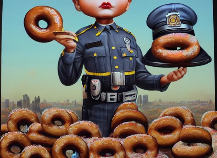 Image similar to a cop made of donuts, lowbrow, matte painting, 3 - d highly detailed, in the style of mark ryden,