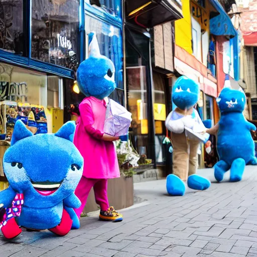 Image similar to blue'snappy gifts'plush doll, human - sized, on sidewalk, giving gifts to people, happy atmosphere, high detail, soft lighting, 8 k