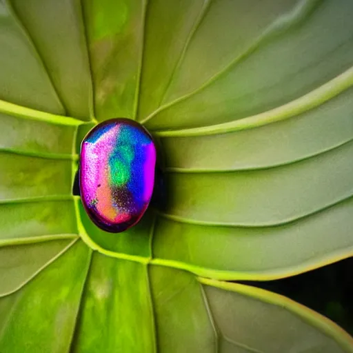 Prompt: an ultra high definition and realistic iridiscent scarab in the jungle, close-up, 35mm