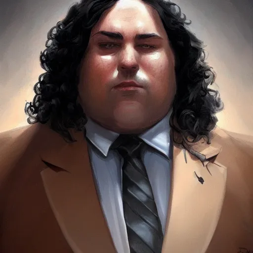 Image similar to a portrait of a short fat man with long curly black hair and a brown suit, D&D, sci-fi, elegant, hopeful, muscular, highly detailed, digital painting, artstation, concept art, smooth, sharp focus, illustration