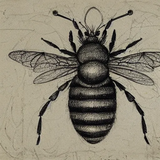 Prompt: Leonardo da Vinci detailed sketch of a mechanical bee, concept art, pencil on paper, technical sketch, blueprint