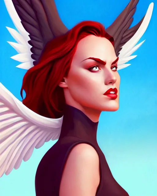 Prompt: 3 / 4 powerful woman with wings, cartoon, digital painting, artstation, concept art, smooth, sharp focus, illustration, disney, symmetry face, fine details. art by alex ross, brittney lee