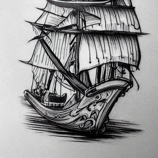 Image similar to A magical pirate ship tattoo realistic tattoo sketch on white background, hyper realistic shaded tattoo, award winning tattoo