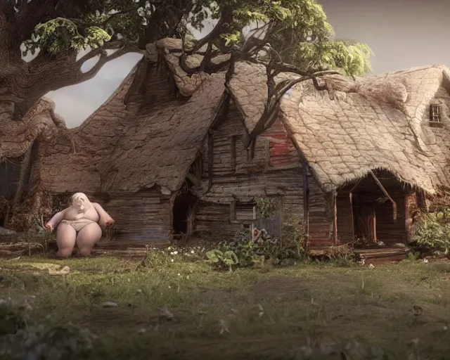 Image similar to of a very beautiful scene. ambient occlusion render. a sweet fat old woman is giving birth to her broken house. hyper realistic. 4 k. wide angle. wild. symmetrical face, red mouth, blue eyes. deep focus, lovely scene. ambient occlusion render. concept art. unreal engine.